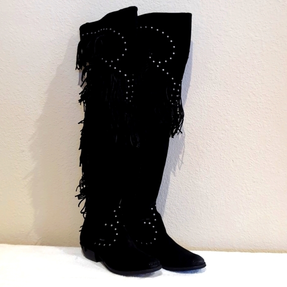 naughty monkey Shoes - NEW BOHO Chic Tonto Fallz Over Knee Fringe Leather Black Suede Boots - Size 6.5